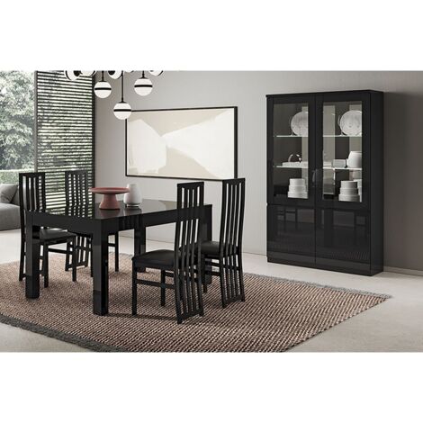 DEYTON - Ensemble Séjour Laqué Noir Table 160cm + Vitrine avec Leds (1/4)