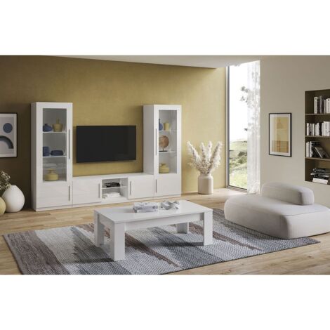 CLARK - Ensemble Salon Complet Laqué Blanc Meuble TV et Vitrines avec Leds + Table Basse (1/5)