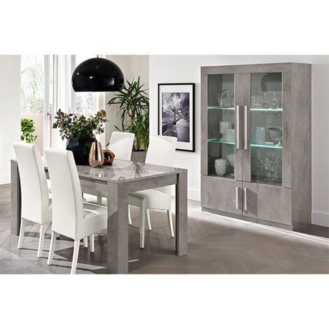 CLARK - Ensemble Séjour Effet Marbre Table 160cm + Vitrine 4 Portes avec Leds