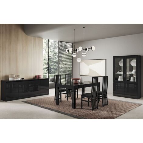 DEYTON - Ensemble Séjour Complet Laqué Noir Table 160cm + Buffet + Vitrine avec Leds (1/5)