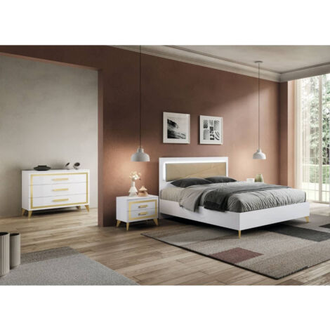 JEMMA - Chambre 160x200cm Blanche et Or Lit Tête Rembourrée avec Leds + 2 Chevets + Commode (1/5)