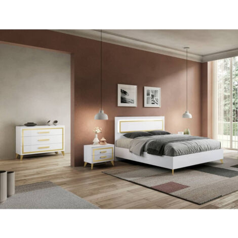 JEMMA - Chambre 160x200cm Blanche et Décor Doré Lit avec Leds + 2 Chevets + Commode (1/5)