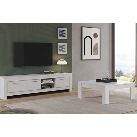DENAE - Ensemble Salon Laqué Blanc Brillant Meuble TV 3 Portes + Table Basse Carrée (1/4)