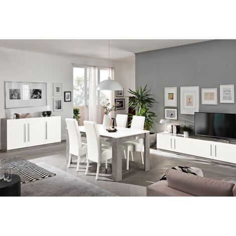 CLARK - Ensemble Salon Séjour Blanc et Marbre Meuble TV + Buffet + Table 160cm (1/5)