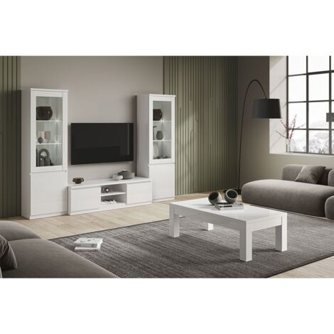 DEYTON - Ensemble Salon Complet Laqué Blanc Meuble TV + Vitrines avec Leds + Table Basse 127cm (1/5)