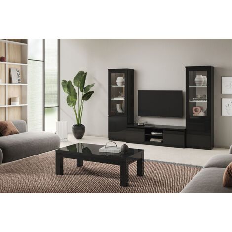 DEYTON - Ensemble Salon Complet Laqué Noir Meuble TV + Vitrines avec Leds + Table Basse 127cm (1/5)