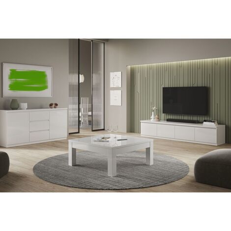 DEYTON - Ensemble Salon Laqué Blanc Meuble TV 4 Portes + Table Basse Carrée + Buffet (1/5)