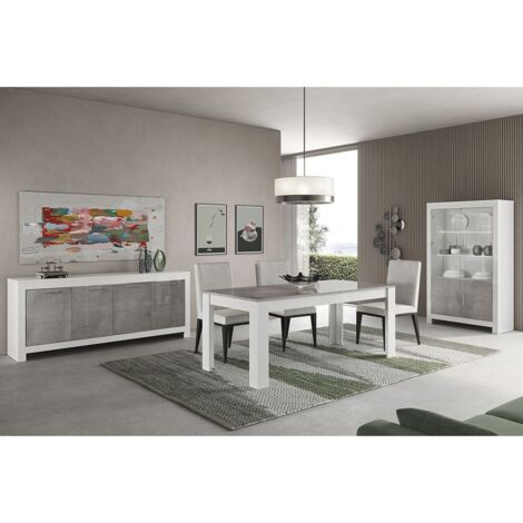 DENAE - Ensemble Séjour Complet Blanc et Gris Marbré Table 160cm + Buffet + Vitrine Leds (1/5)