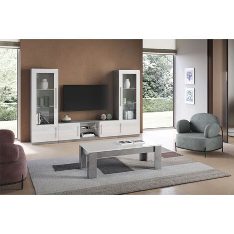 Altobuy – Ensemble de meubles de salon blanc laqué et marbre – Meuble TV avec étagère vitrée – Vitrines avec éclairage Leds – Table basse 126x66x42cm