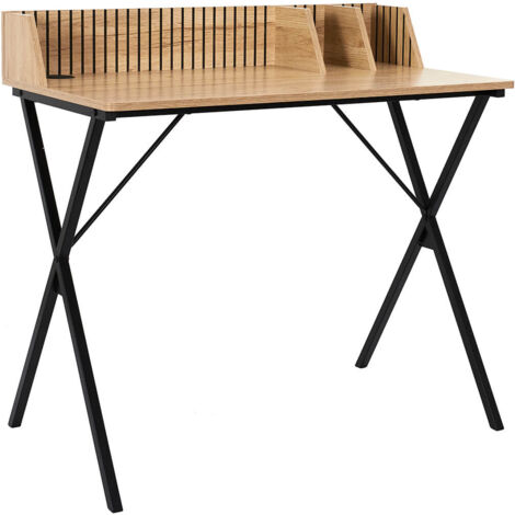 Altobuy – Bureau droit avec petits rangements – Effet bois – Dimensions 90 x 50 x H84,5 cm – Panneaux MDF et pin massif – Style Japandi (1/5)