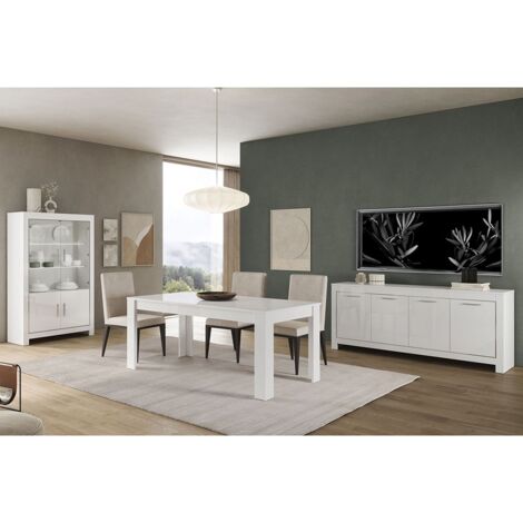 DENAE - Ensemble Séjour Complet Laqué Blanc Brillant Table 160cm + Buffet + Vitrine Leds (1/5)