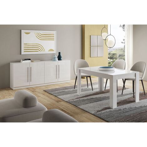 CLARK - Ensemble Séjour Laqué Blanc Table 160cm + Buffet 4 Portes (1/5)