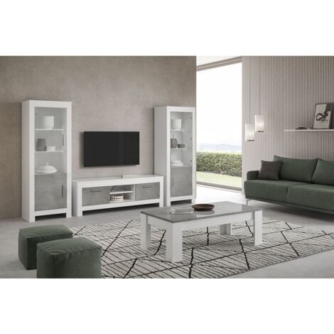 DENAE - Ensemble Salon Complet Blanc et Gris Marbré Meuble TV + Table Basse + Vitrines Leds