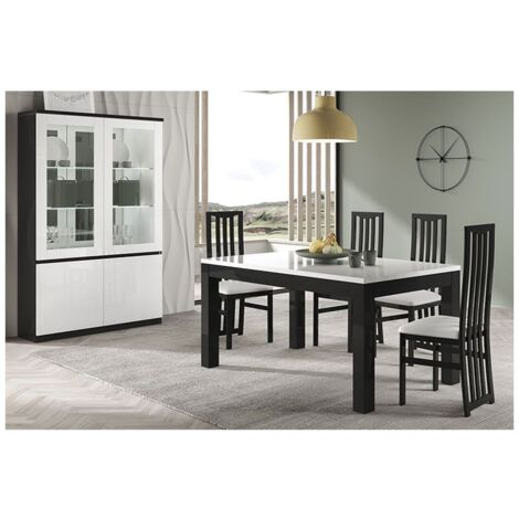 DEYTON - Ensemble Séjour Laqué Noir et Blanc Table 190cm + Vitrine avec Leds (1/4)
