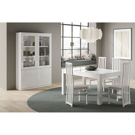 DEYTON - Ensemble Séjour Laqué Blanc Table 160cm + Vitrine avec Leds (1/4)