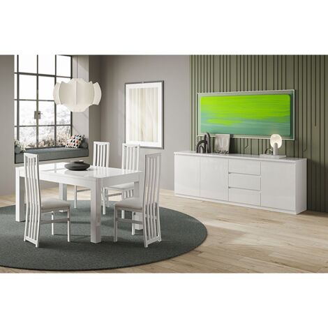 DEYTON - Ensemble Séjour Laqué Blanc Table 138cm + Buffet 3 Portes (1/4)
