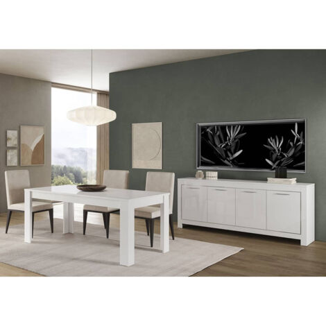 DENAE - Ensemble Séjour Laqué Blanc Brillant Table 160cm + Buffet 4 Portes (1/4)