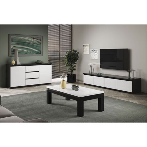 DEYTON - Ensemble Salon Laqué Noir et Blanc Meuble TV 4 Portes + Table Basse 127cm + Buffet (1/5)