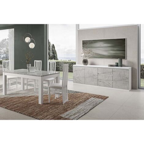 DEYTON - Ensemble Séjour Blanc et Gris Marbré Table 160cm + Buffet 3 Portes (1/4)