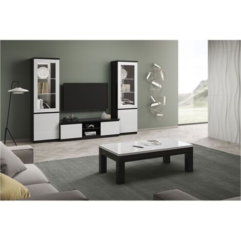 DEYTON - Ensemble Salon Complet Laqué Noir et Blanc Meuble TV + Vitrines avec Leds + Table Basse 127cm (1/5)