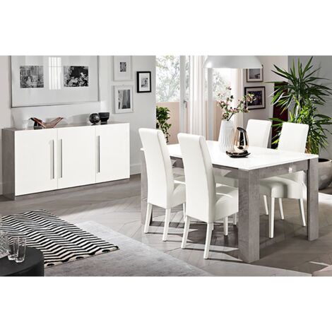 CLARK - Ensemble Séjour Blanc et Marbre Table 160cm + Buffet 3 Portes (1/4)