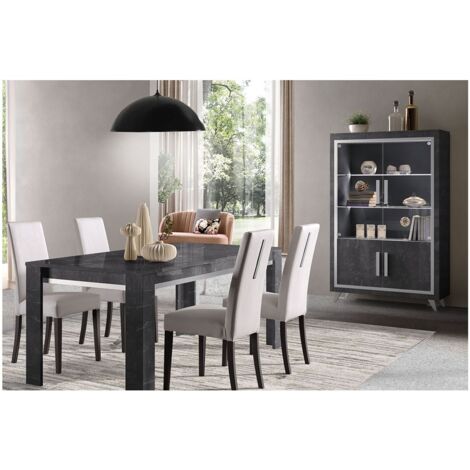 GUEDA - Ensemble Séjour Effet Marbre Anthracite Table 160cm + Vitrine avec Leds