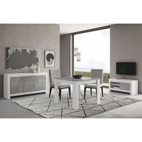 DENAE - Ensemble Salon Séjour Blanc et Gris Marbré Meuble TV + Buffet 3 Portes + Table 100cm (1/5)