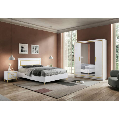JEMMA - Chambre 160x200cm Blanche et Décor Doré Lit avec Leds + 2 Chevets + Armoire (1/5)