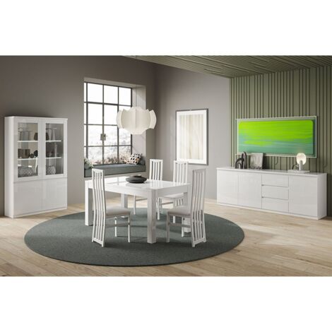 DEYTON - Ensemble Séjour Complet Laqué Blanc Table 138cm + Buffet + Vitrine avec Leds (1/5)