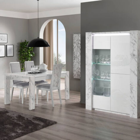 PRAVA - Ensemble Séjour Blanc et Effet Marbre Table 190cm + Vitrine avec Leds (1/5)