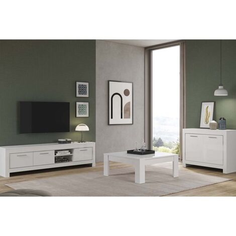 DENAE - Ensemble Salon Laqué Blanc Brillant Meuble TV + Buffet 2 Portes + Table Basse Carrée (1/4)