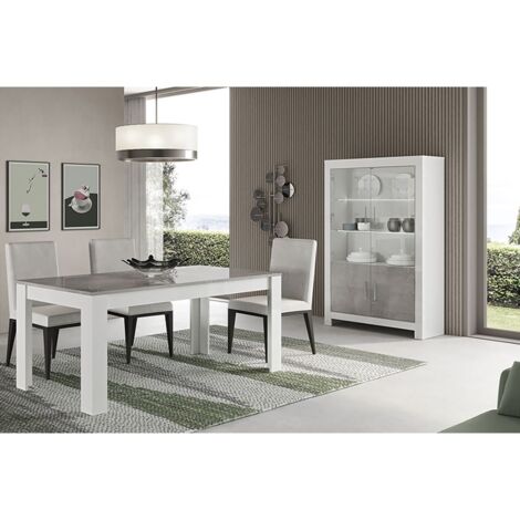 Altobuy – Ensemble séjour blanc et gris marbré – Table 160cm – Vitrine 4 portes avec éclairage LED – Structure panneaux E1 22mm (1/4)