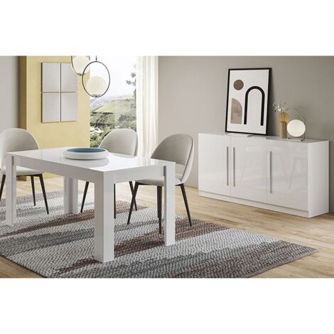 CLARK - Ensemble Séjour Laqué Blanc Table 160cm + Buffet 3 Portes (1/5)