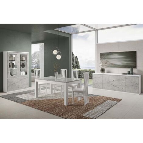 DEYTON - Ensemble Séjour Complet Blanc et Gris Marbré Table 190cm + Buffet + Vitrine avec Leds (1/5)