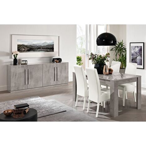 CLARK - Ensemble Séjour Effet Marbre Table 160cm + Buffet 4 Portes (1/4)