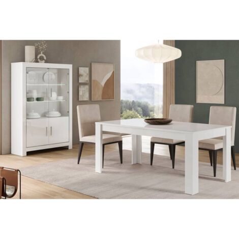DENAE - Ensemble Séjour Laqué Blanc Brillant Table 160cm + Vitrine 4 Portes avec Leds (1/4)