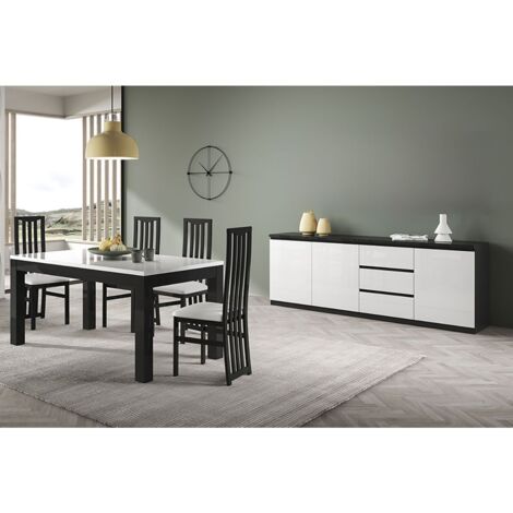 DEYTON - Ensemble Séjour Laqué Noir et Blanc Table 160cm + Buffet 3 Portes (1/5)