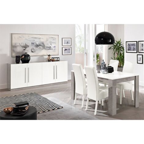 CLARK - Ensemble Séjour Blanc et Marbre Table 190cm + Buffet 4 Portes (1/4)