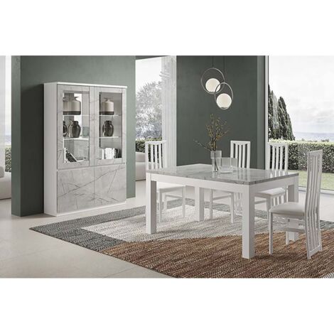 DEYTON - Ensemble Séjour Blanc et Gris Marbré Table 190cm + Vitrine avec Leds (1/4)