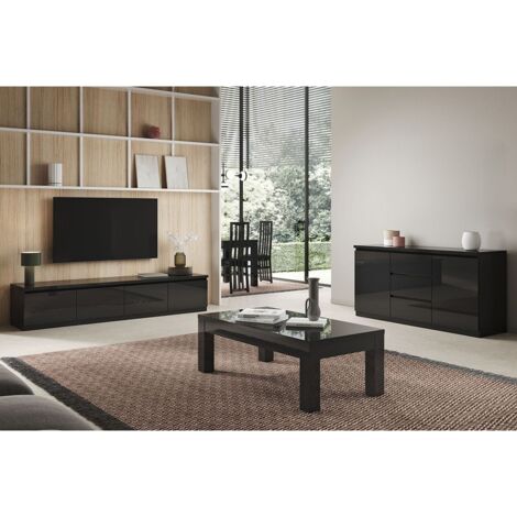 DEYTON - Ensemble Salon Laqué Noir Meuble TV 4 Portes + Table Basse 127cm + Buffet (1/5)