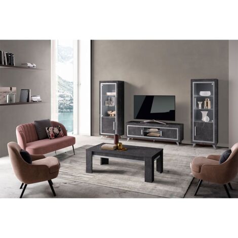 GUEDA - Ensemble Salon Complet Effet Marbre Anthracite Meuble TV et Vitrines avec Leds + Table Basse (1/5)