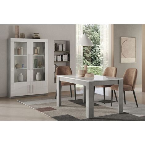CLARK - Ensemble Séjour Blanc et Marbre Table 160cm + Vitrine 4 Portes avec Leds (1/4)