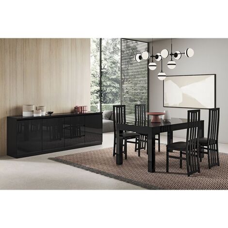 DEYTON - Ensemble Séjour Laqué Noir Table 160cm + Buffet 3 Portes (1/4)