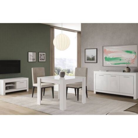 DENAE - Ensemble Salon Séjour Laqué Blanc Brillant Meuble TV + Buffet 3 Portes + Table 100cm (1/5)
