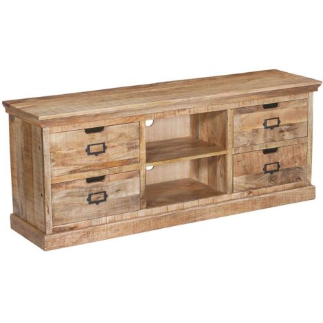 Altobuy – Meuble TV en manguier massif 4 tiroirs – Finition vernis nitro cellulosique – Dimensions 150 x 40 x H60cm – Style industriel (1/4)