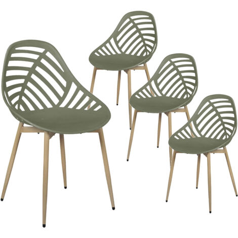 Altobuy – Lot de 4 chaises de jardin coque plastique ajourée vert olive – Pieds métal imitation bois – Assise ergonomique – Dimensions 52,3 x 53,3 x H83,4cm (1/5)