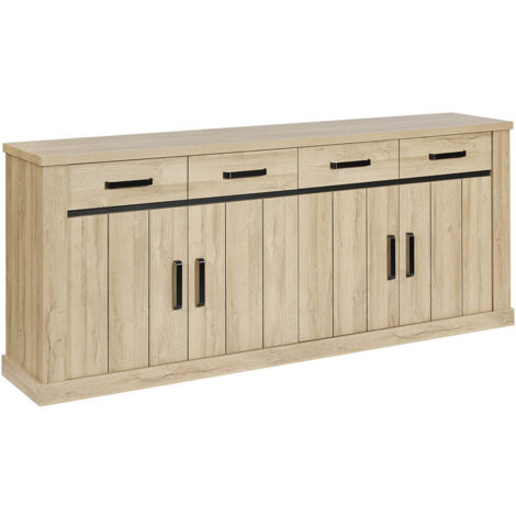 LORENZO - Buffet 4 Portes 4 Tiroirs Aspect Bois Chêne Clair Finition Frank (1/5)