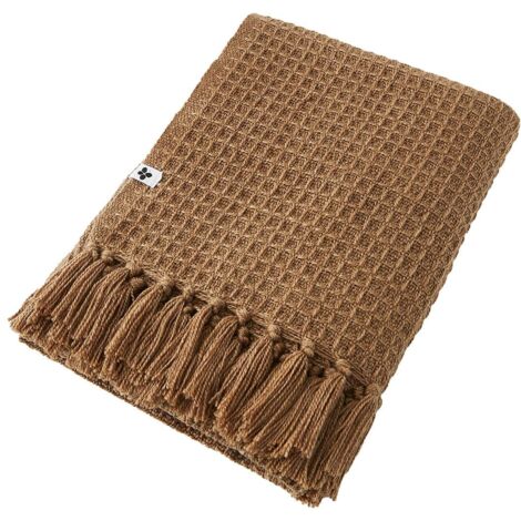 KARL - Plaid à Franges 100% Recyclé Tissage Nid d'abeilles 180x220cm Camel (1/3)