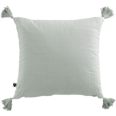 OUREA - Coussin Déhoussable 40x40cm avec Pompons Gaze de Coton Eucalyptus (1/3)