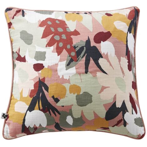 SARAH - Coussin Déhoussable 45x45cm Gaze de Coton Imprimé Rose Imprimé Floral (1/2)